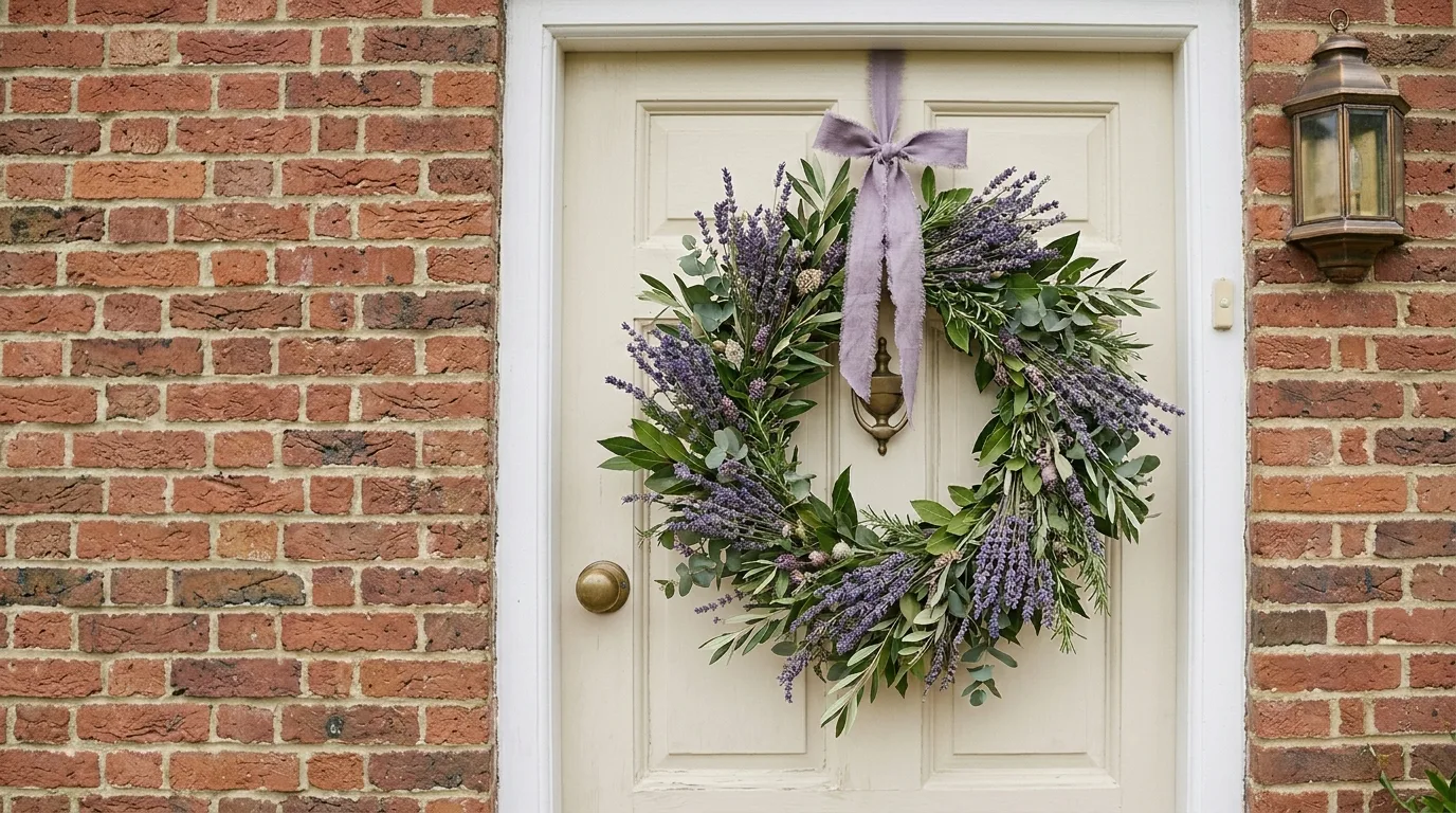 Lavender spring wreath with greenery